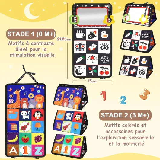 Jouet Bebe 0-3-6-9-12 Mois - Miroir d'Éveil Pliable avec Jouet de Dentition et Livre Papier froissé Sensoriel - Montessori Noir et Blanc à Motifs Contrastés pour l'Éveil des Bébés Bleu
