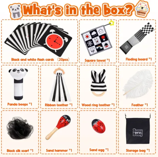 Jouet Bebe 0-12 Mois, Livre Carte Montessori Sensoriel en Tissu Noir et Blanc Bebe Cadeau Naissance Fille Garcon Jouets d'éveil Jeux Bebe