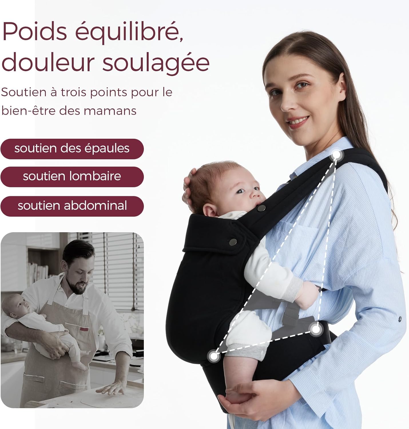 Porte-bébé, pur coton doux pour la peau de bébé, design ergonomique pour enfants de 3 à 20 kg, léger et confortable, mains libres pour les mamans et les papas, Noir coton noir