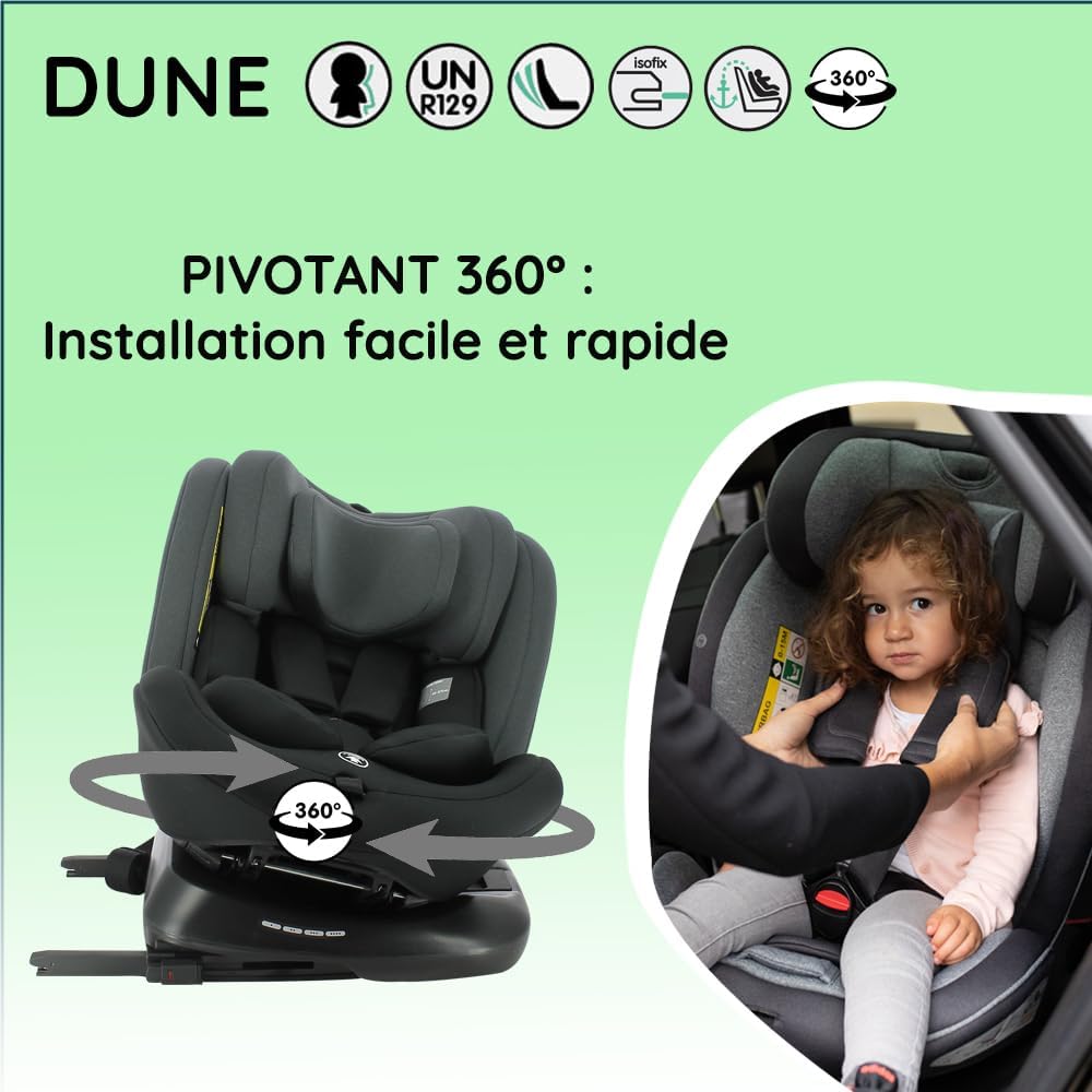 Dune, Siège auto, i-Size, Pivotant 360, évolutif, naissance et jusqu'à 12 ans environ, Groupe 0/1/2/3, 40-150 cm, Siège Auto ISOFIX, Rotation 360, Inclinable, Appui-tête réglable