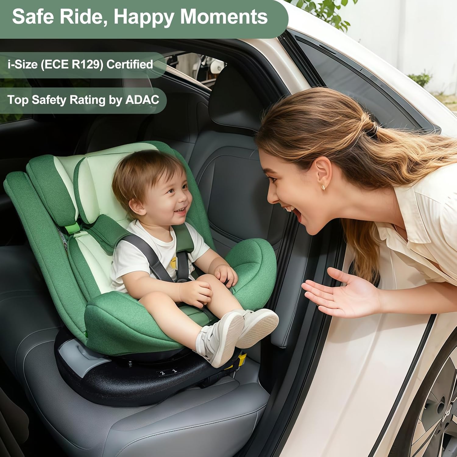 Zkipm Siège Auto bébé 360 ° Pivotant, i-Size ECE R129 Sièges, Siege auto SOFIX + LATCH,Housse déboussable et lavable/Harnais de sécurité 5 points/12 Positions Appui-tête/ 0-12 ans(0-36 kg) Vert