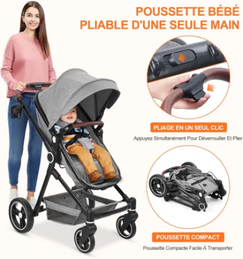 Poussette Bébé Compacte, Poussette Réversible et Légère, Poussette Combinée 2 en 1 Avec Siège Inclinable, Landau Bébé jusqu'à 25 kg, Haute Paysage Poussette Pliante (Gris)