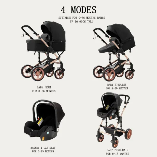 Poussette 3 en 1, poussette bidirectionnelle, nacelle cosy et capote inclus, pour naissance bébés de 0 a 3 ans (Noir-Or)