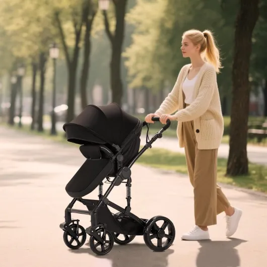 Poussette 3 en 1,set de poussette,double suspension,mécanisme de pliage en un clic pour nouveau-nés et jeunes enfants,sac pour bébé inclus(noir)