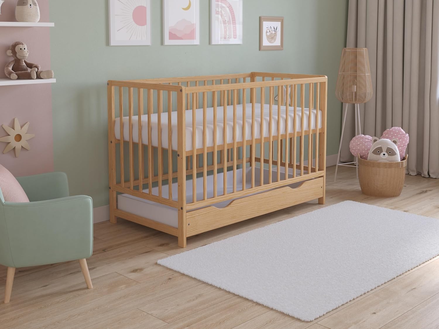 Asher Lit Bébé 120x60 cm avec Matelas en Mousse Microfibre Matelassée – Lit Enfant en Bois Convertible avec Grand Tiroir et Barrière de Sécurité Incluse Pin Naturel