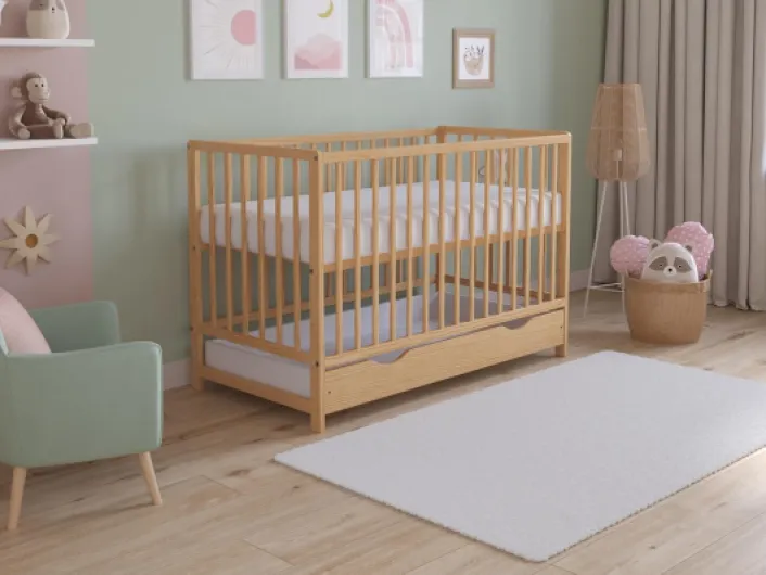 Asher Lit Bébé 120x60 cm avec Matelas en Mousse Microfibre Matelassée – Lit Enfant en Bois Convertible avec Grand Tiroir et Barrière de Sécurité Incluse Pin Naturel