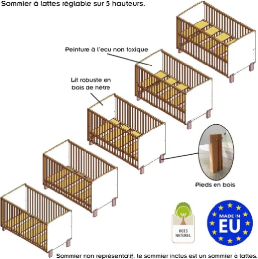 MATTI Lit bébé évolutif à barreaux Pieds Droits Vernis écologique Design Moderne Blanc/Bois 120x60 cm Blanc / Bois 120x60 cm