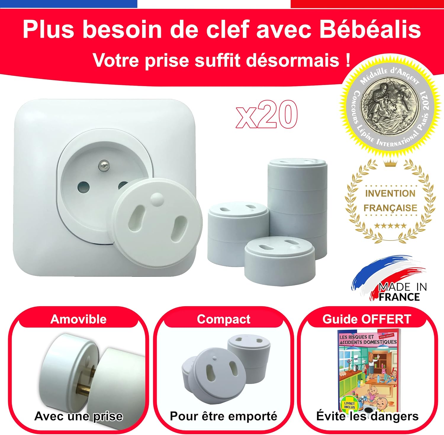 [Pack x20] Cache Prise Bébé Français Amovible [ Sans Clef Ni Adhésif ] - Invention 100% Made In France - Cache-Prise Bebe - Sécurité Domestique Et Puériculture Pour Protection Prise Courant Électrique