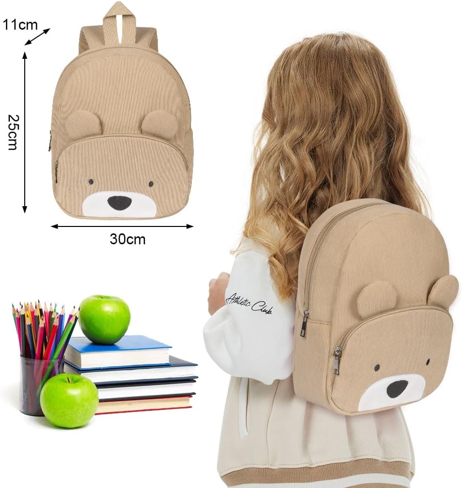 Aomig Sac à Dos pour Enfants, Petit Sac à Dos Velours Côtelé pour Maternelle Fille Et Garcon, Sac à Dos Velours Côtelé Ours&Chiot pour Bebe, Broderie Sac à Dos pour Crèche Scolaires Petit Ours-kaki