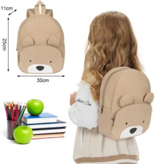 Aomig Sac à Dos pour Enfants, Petit Sac à Dos Velours Côtelé pour Maternelle Fille Et Garcon, Sac à Dos Velours Côtelé Ours&Chiot pour Bebe, Broderie Sac à Dos pour Crèche Scolaires Petit Ours-kaki