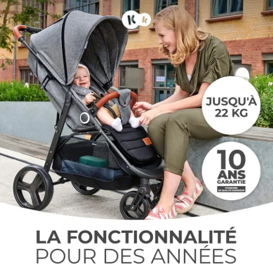 Kinderkraft GRANDE PLUS Poussette Canne dès la Naissance jusqu’à 22 kg, Pliage d'une seule main, Position allongée, Capote extensible, 4 Roues amorties, Noir