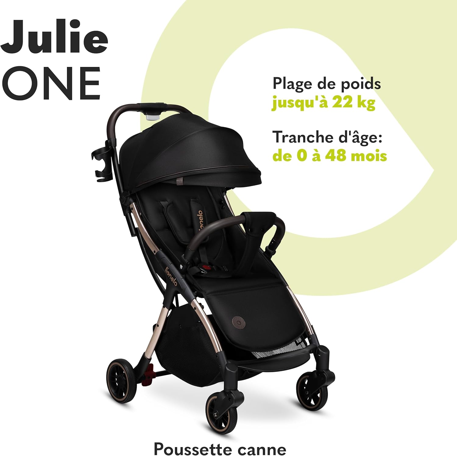 Julie One Poussette canne legere Ultra compacte Pliable en un seul geste (0-22 kg), sac de transport, repose-pieds dossier, réglable jusqu'à, moustiquaire Black Gold 1 Unité (Lot de 1)