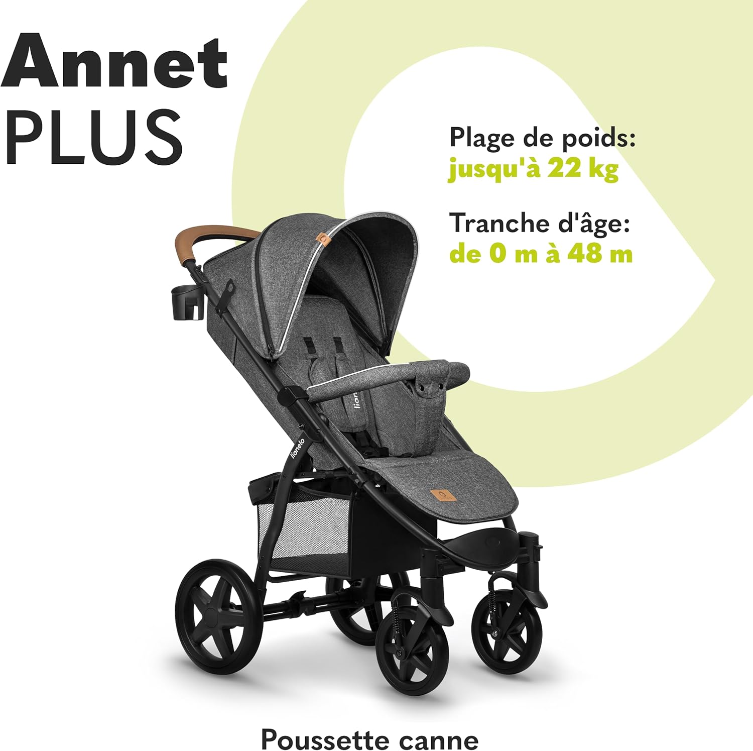 Annet Plus poussette bebe à 22 kg, auvent avec fenêtre, roues EVA, chancelière moustiquaire porte-gobelet, réglage du dossier jusqu’à la position couchée ANNET PLUS gris