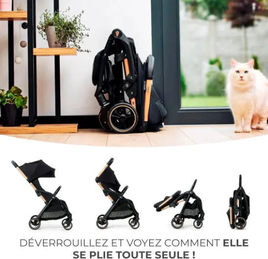 Kinderkraft APINO Poussette Légère, Ne Pèse Que 7,5 kg, Poussette De Voyage, Pliage automatique, AUTO FOLDING, Facile À Pince, Dossier Réglable En Position Allongée, poids maximum jusqu'à 24 kg, Noir