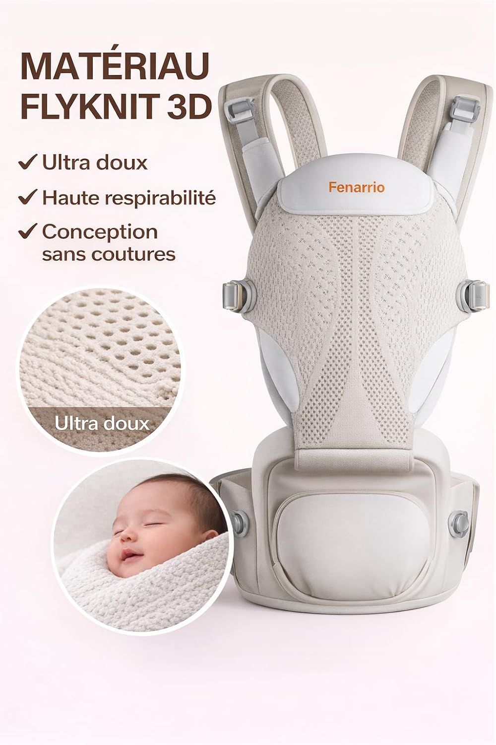 Porte-Bébé Ergonomique avec Siège de Hanche, Respirante 4D, Système Modulaire 2-en-1, Fermeture Magnétique Frontale, Multi-Positions, Beige