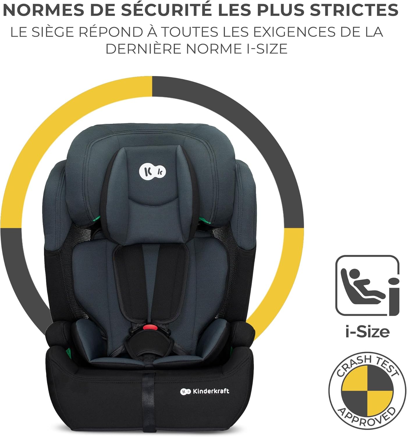 Kinderkraft COMFORT UP i-Size 76 et 150 cm, Siège auto bébé Groupe 1/2/3 de 9 à 36 kg, 15 mois à 12 ans, Têtière ajustable, 11 niveaux de réglage, Harnais de sécurité 5 points, Housse amovible, Noir Black