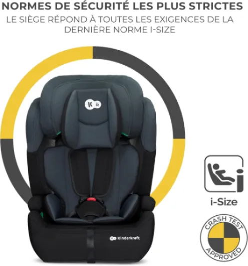 Kinderkraft COMFORT UP i-Size 76 et 150 cm, Siège auto bébé Groupe 1/2/3 de 9 à 36 kg, 15 mois à 12 ans, Têtière ajustable, 11 niveaux de réglage, Harnais de sécurité 5 points, Housse amovible, Noir Black