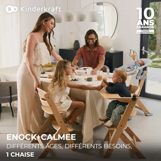Kinderkraft ENOCK Chaise Haute Bébé + Transat CALMEE, en Bois Naturel, Chaise d'alimentation, Évolutive, Réglable, Puericulture Bébé, Très Solide, Design Universe grey PRO