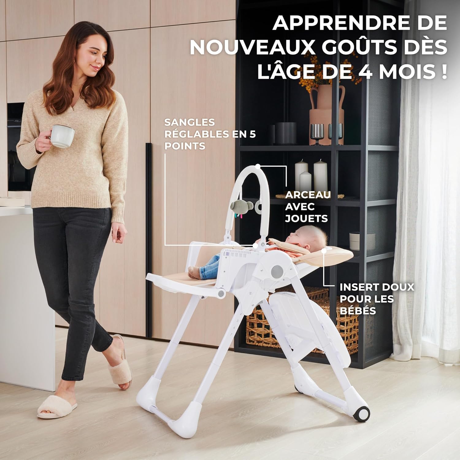 Kinderkraft TUMMIE Chaise Haute 2 en 1, pour Bébé Ergonomique, Confortable, Inclinable, Pliable, avec Hauteur Réglable, Repose-Pieds, Plateau Amovible, pour Tout-Petit, avec jouets, Gris Gray 1