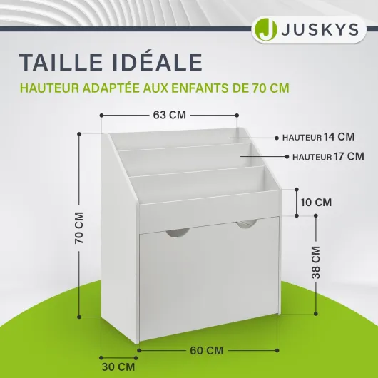 Bibliothèque pour Enfants avec 3 Compartiments et Coffre à Jouets – Étagère en Bois Blanc – 63 x 30 x 70 cm lPL – Rangement pour Livres et Jouets dans la Chambre d'enfant