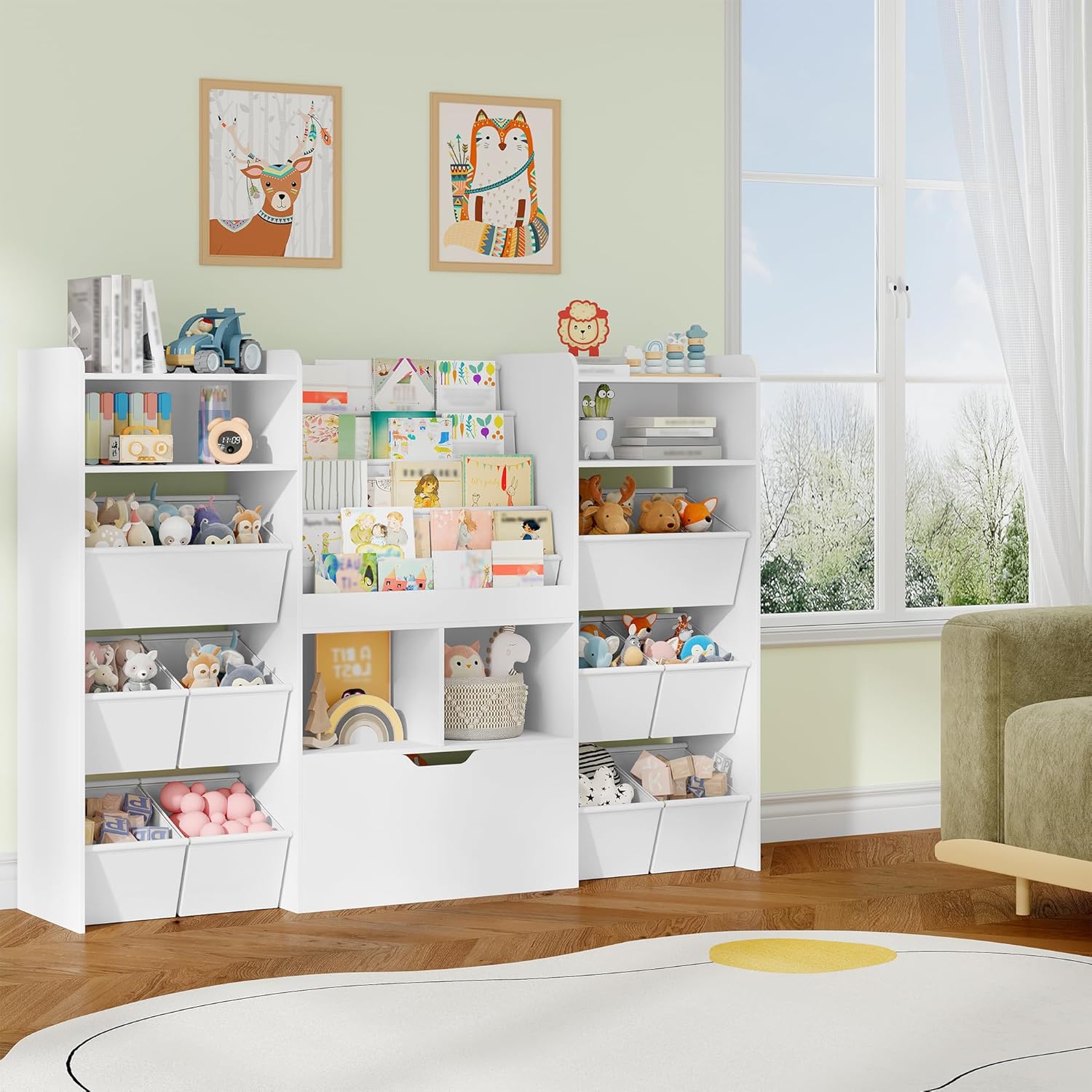 Bibliothèque Enfants avec Porte-journaux, Bibliothèque Enfants avec Tiroirs Roulants, 10 Boîtes en Non-tissé, Étagère à Jouets, pour Chambres d'enfants, Bureau, 30 x 140 x 100 cm Blanc