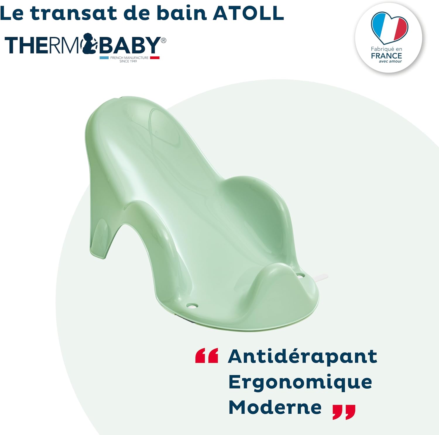 Transat De Bain ATOLL - Bain De Bébé - Ergonomique - Confortable - De La Naissance À 8 mois - Vert Céladon - Fabriqué En France