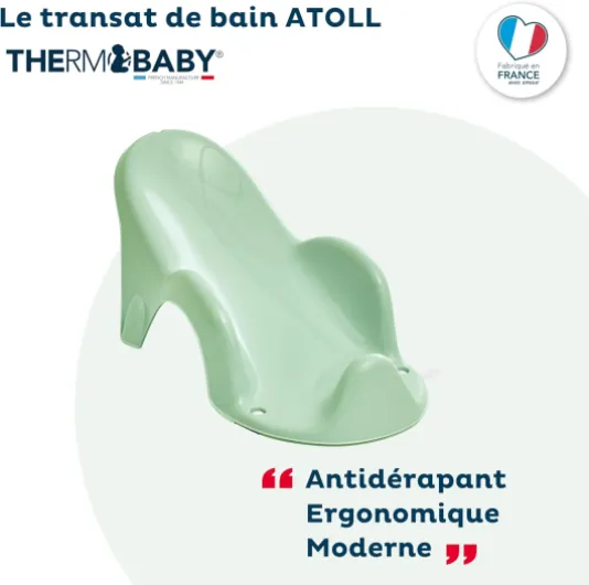 Transat De Bain ATOLL - Bain De Bébé - Ergonomique - Confortable - De La Naissance À 8 mois - Vert Céladon - Fabriqué En France