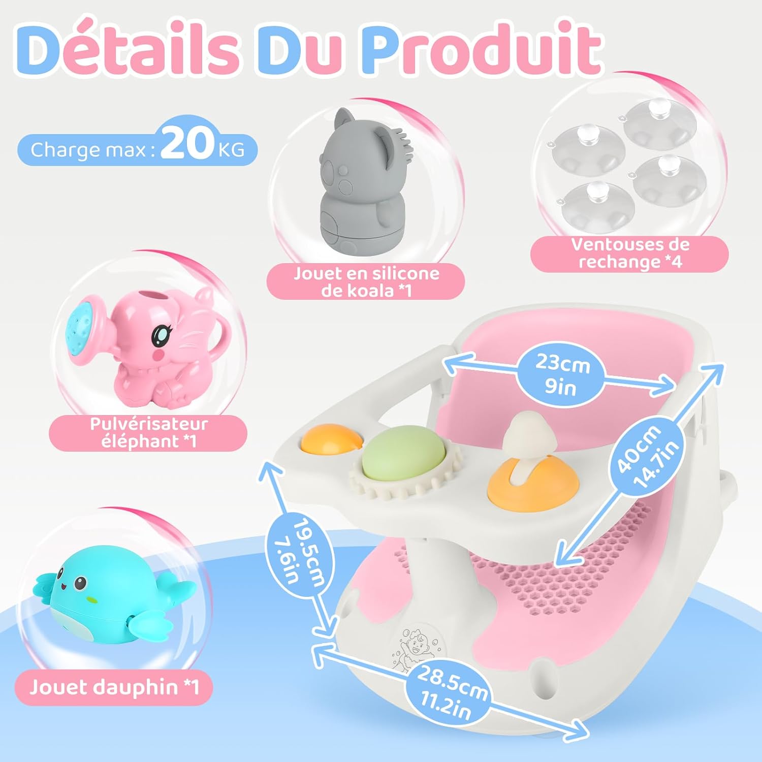 Siège de Bain pour Bébé de 6 Mois et Plus, Anneau de Bain Bébé Antidérapante, Transat de Bain pour Bébé, Chaise de Douche pour Bebe avec 4 Ventouses, Siège Baignoire avec Jouet (Rose)