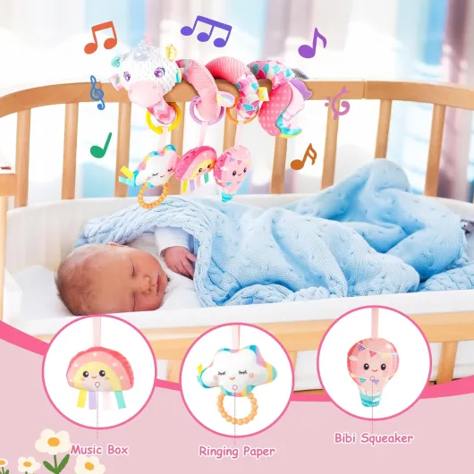 Spirale D'activité Bébé Jouets - Spirale Jouet Poussette Bebe avec Musique, Jouets Eveil Bebe, Jouet Siege Auto pour Garçons et Filles, Bébé Naissance Cadeaux 0 3 6 12 Mois, Rose Licorne