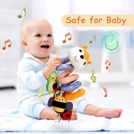 Jouets Eveil pour Poussettes, en Peluche Spirale D'activité Bébé avec Musique, Jouets Naissance Berceau Landau pour Garçons et Filles, Cadeaux 3 6 12 Mois, Orange Renard