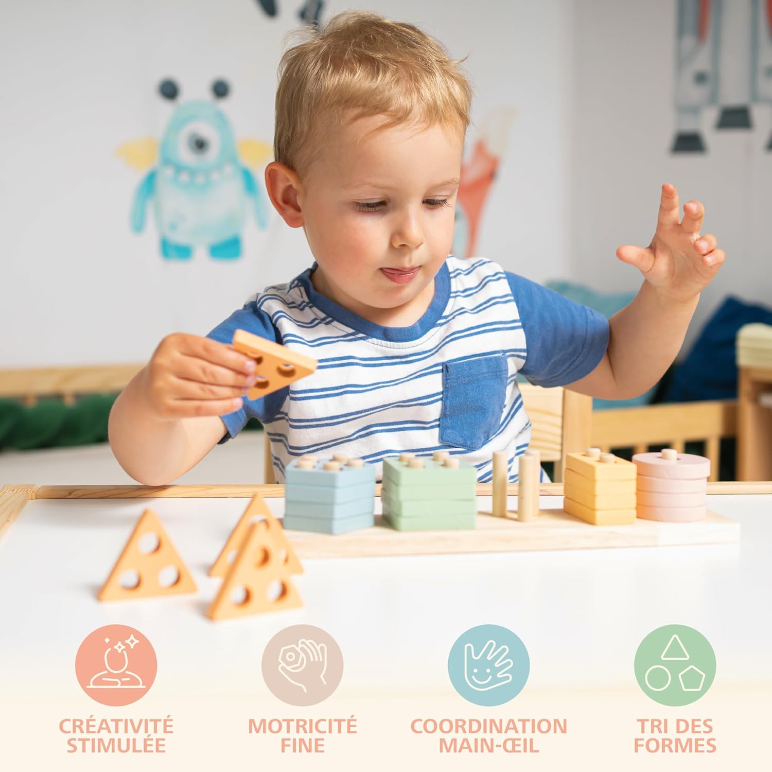 Jouets Montessori à Empiler et de Tri 1 2 3 Ans - Jouet d'Activité et de Développement en Bois Couleurs Pastel - Jeux Montessori pour Tout-Petits 1 an