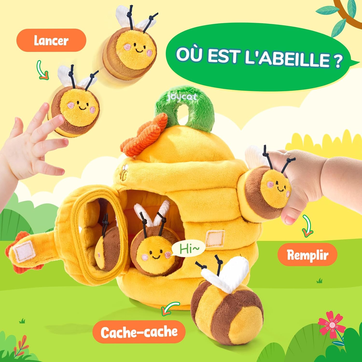 Jouet Bebe 6-12 Mois, Ruche avec 5 Abeilles en Peluche, Jouet Montessori avec Hochets, Miroirs, Jeux Sensoriel Bebe 6 Mois, Cadeau Bebe Enfant 1 an Garçon Fille