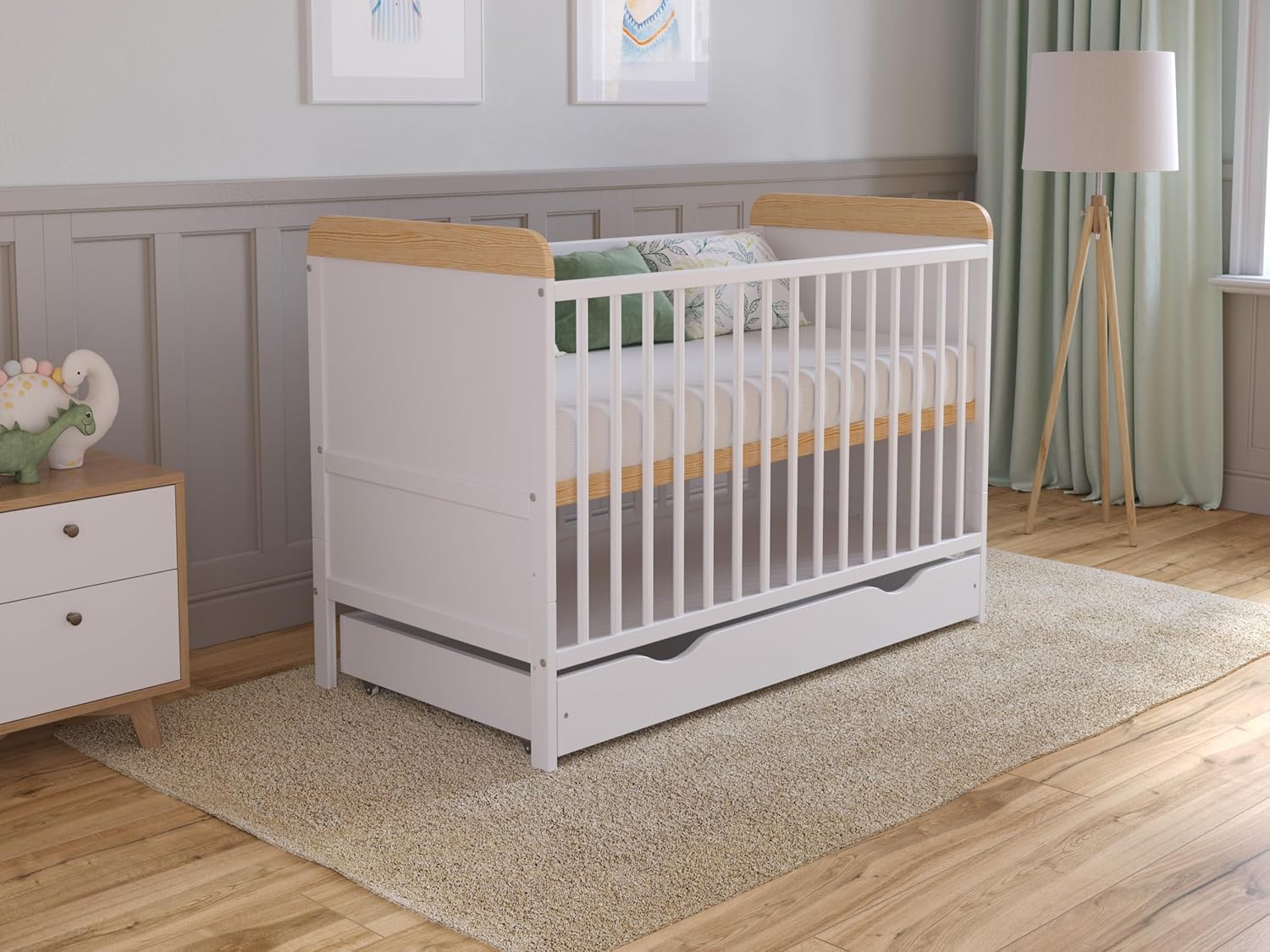 Lit Bebe Evolutif avec Matelas - Lit Bebe 120x60 cm Bois avec Matelas & Tiroir - Lit Bébé Lit Bois Blanc-Pin, Lit Bébé Set Complet Lit Evolutif Bebe Blanc-pin 120x60cm
