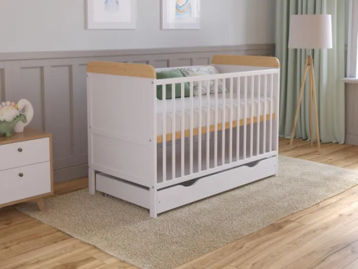 Lit Bebe Evolutif avec Matelas - Lit Bebe 120x60 cm Bois avec Matelas & Tiroir - Lit Bébé Lit Bois Blanc-Pin, Lit Bébé Set Complet Lit Evolutif Bebe Blanc-pin 120x60cm