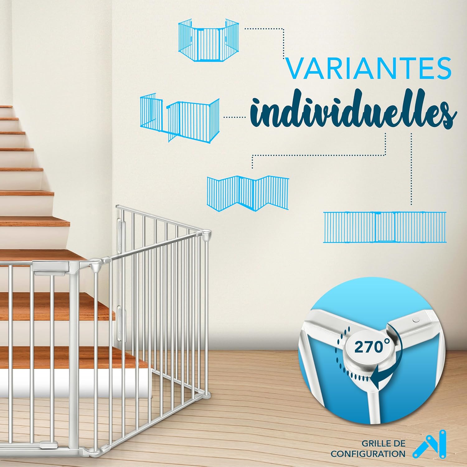 KIDUKU® Barrière de sécurité Enfant - Grande Version 300 cm - Grille de Protection métal - Pliable - avec Porte Inclus - 5 éléments - Pré-assemblé 300 cm Gris