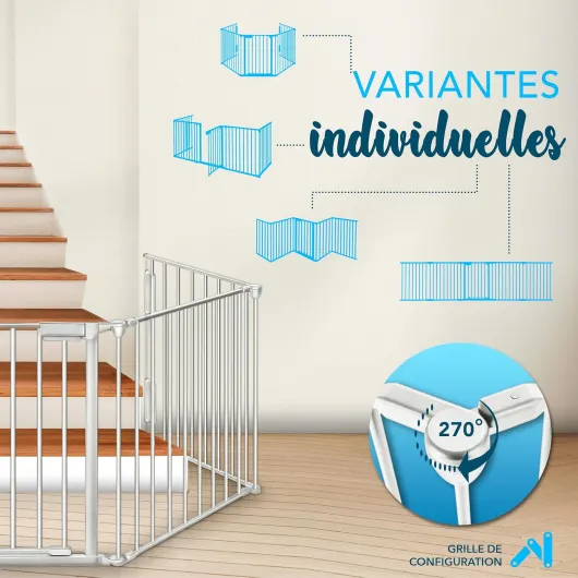 KIDUKU® Barrière de sécurité Enfant - Grande Version 300 cm - Grille de Protection métal - Pliable - avec Porte Inclus - 5 éléments - Pré-assemblé 300 cm Gris