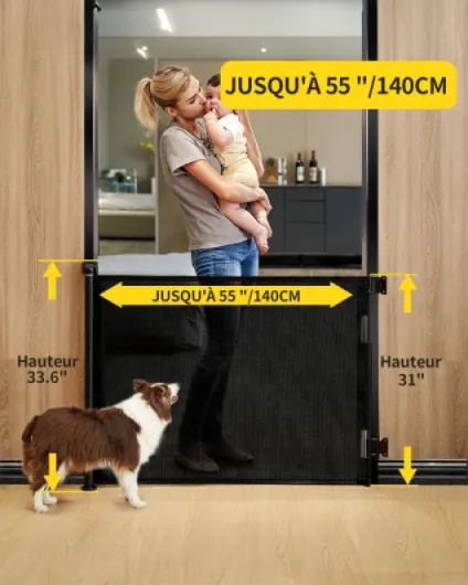 Barriere de Securite Enfant bebe Extensible Retractable 0-140cm - Barrière Escalier Enfant et Chien pour Intérieur/Extérieur, Couloirs（Noir） 86cm*140cm Noir