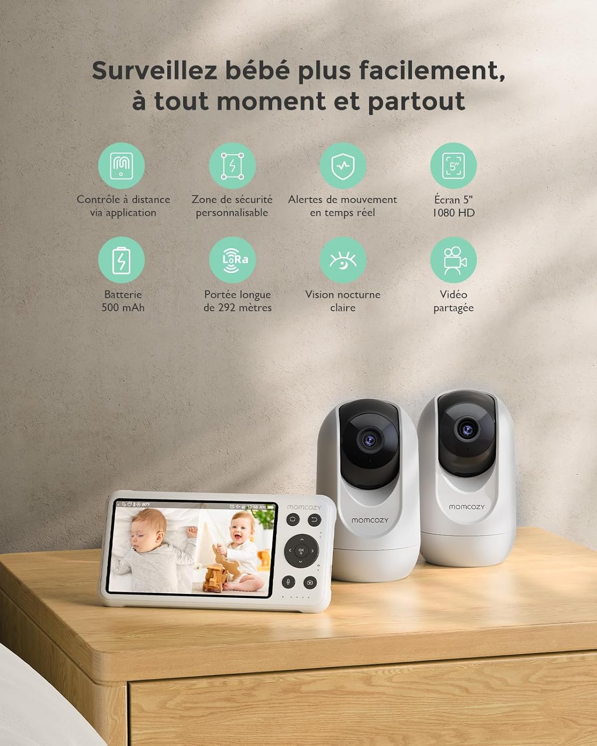 Moniteur Bébé WiFi – Caméra HD 5" 1080P Fixation Murale, Détection Mouvements/Pleurs, Périmètre Sécurisé, Vision Nocturne Claire, Batterie 5000mAh, Interphone 2 Sens, Enregistrement Vidéo​ BM04 with 2 caméra