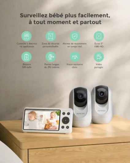 Moniteur Bébé WiFi – Caméra HD 5" 1080P Fixation Murale, Détection Mouvements/Pleurs, Périmètre Sécurisé, Vision Nocturne Claire, Batterie 5000mAh, Interphone 2 Sens, Enregistrement Vidéo​ BM04 with 2 caméra