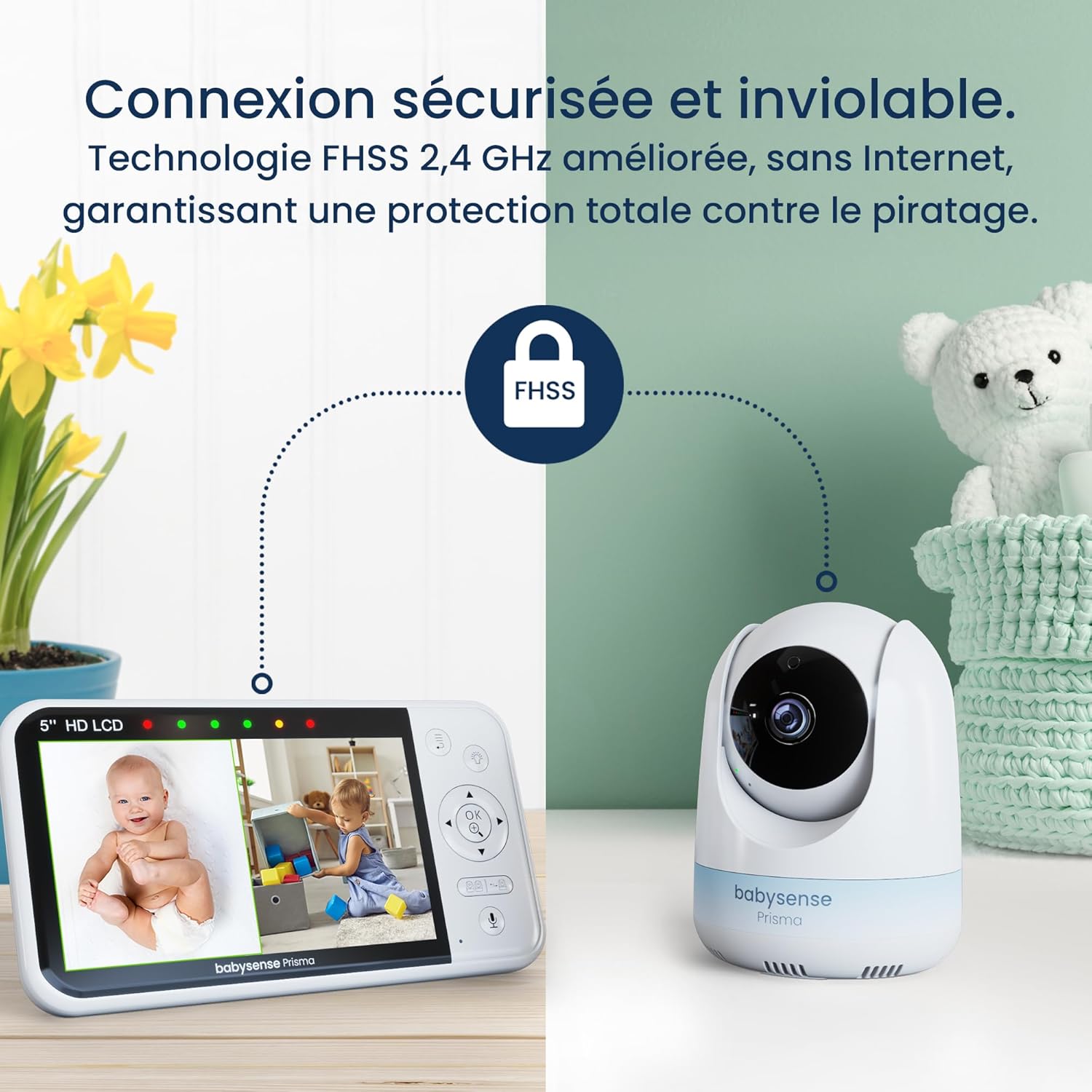 Prisma Babyphone avec Caméra et Audio, Babyphone Vidéo HD 5", Veilleuse 6 Couleurs, Écran Divisé, Machine à Son pour Bébé avec Bruit Blanc et Berceuses, sans WiFi 5 Inch 1 CAM