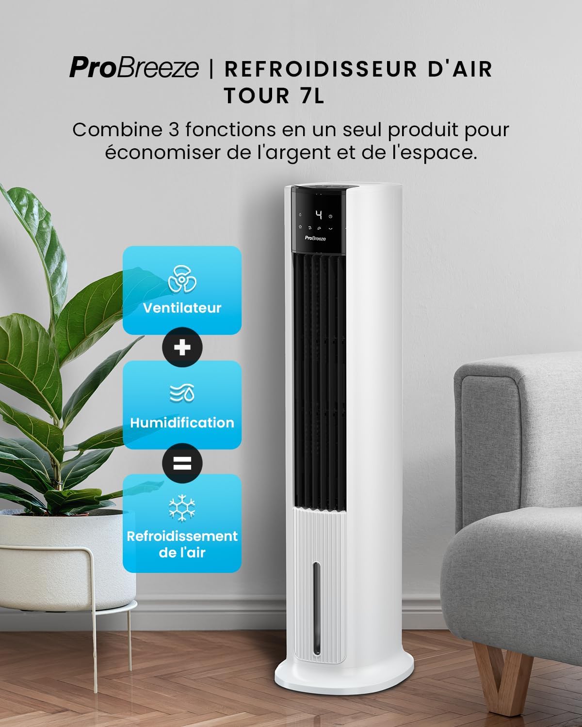 OmniAir Rafraichisseur d’Air 7L 3en1, 7 Vitesses, 3 Modes, Oscillant, Minuterie 10h, Climatiseur Mobile Sans Évacuation, Silencieux, Sans Conduit, Ventilateur Refroidisseur d'Air