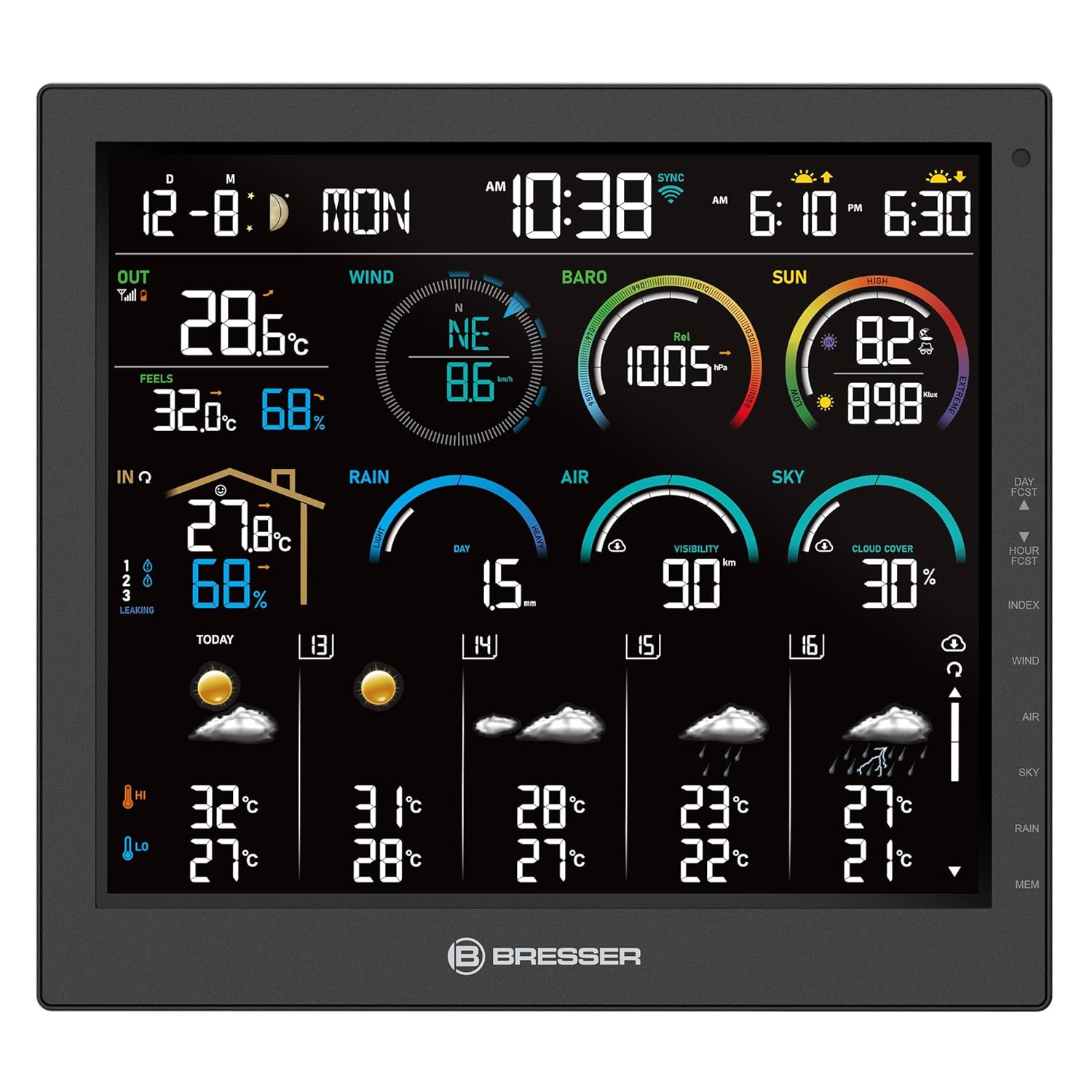Station météo Wi-Fi 10" avec capteur extérieur 8-en-1, pluviomètre, anémomètre, UV, WBGT, stress thermique, climat intérieur, prévisions