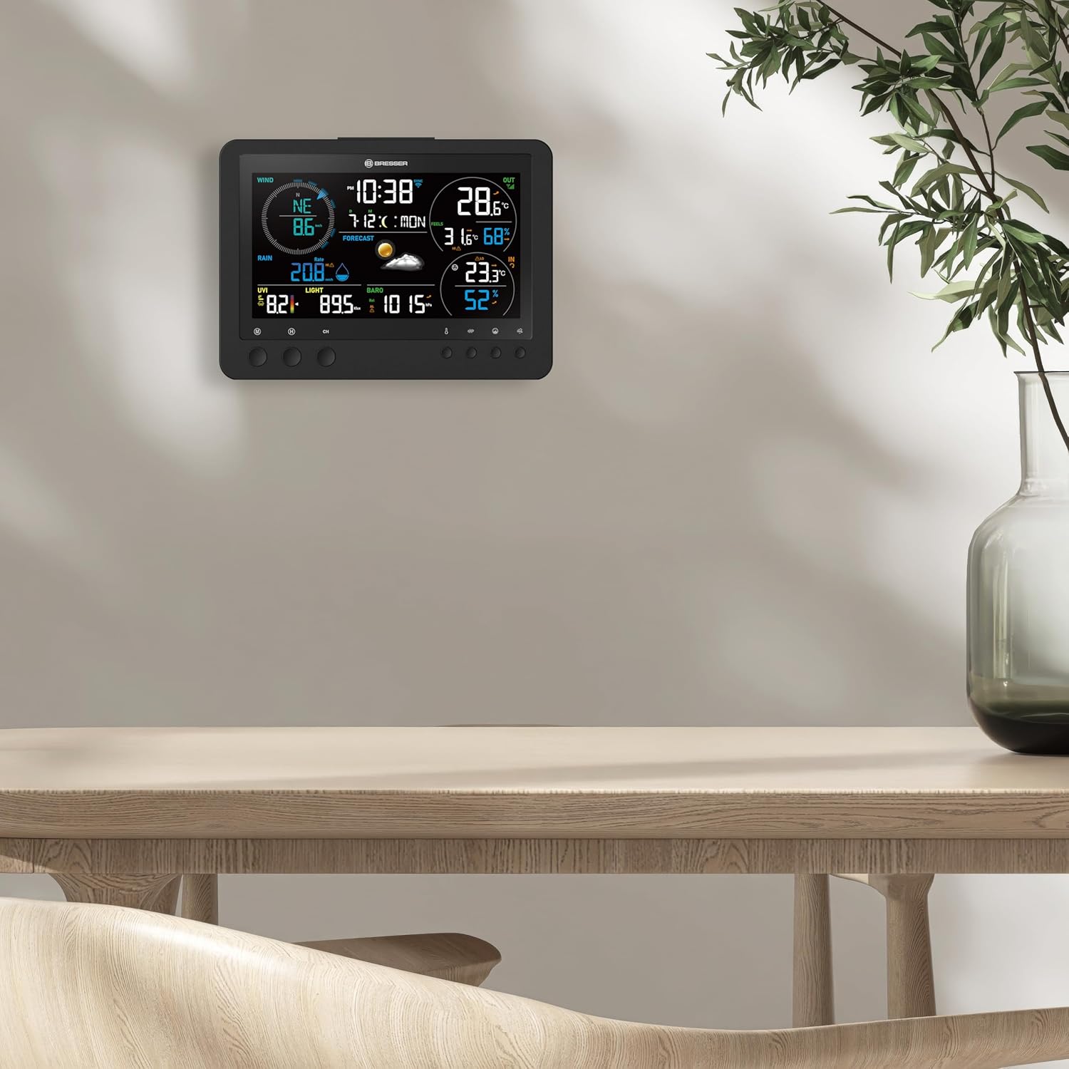 Station météo WiFi avec capteur 8-en-1 pour WBGT, UV, vent, pluie, lumière, pression, climat intérieur, prévision