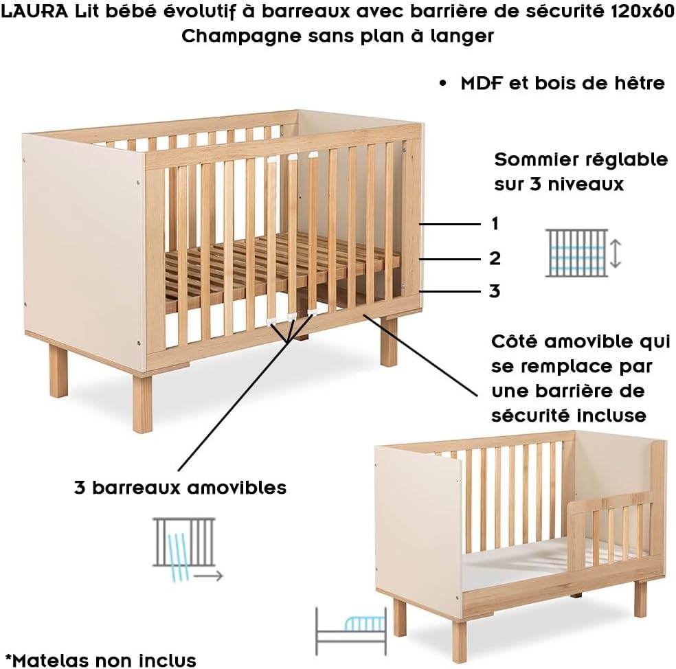 Laura Lit bébé évolutif à barreaux avec barrière de sécurité 120x60 Champagne sans Plan à Langer