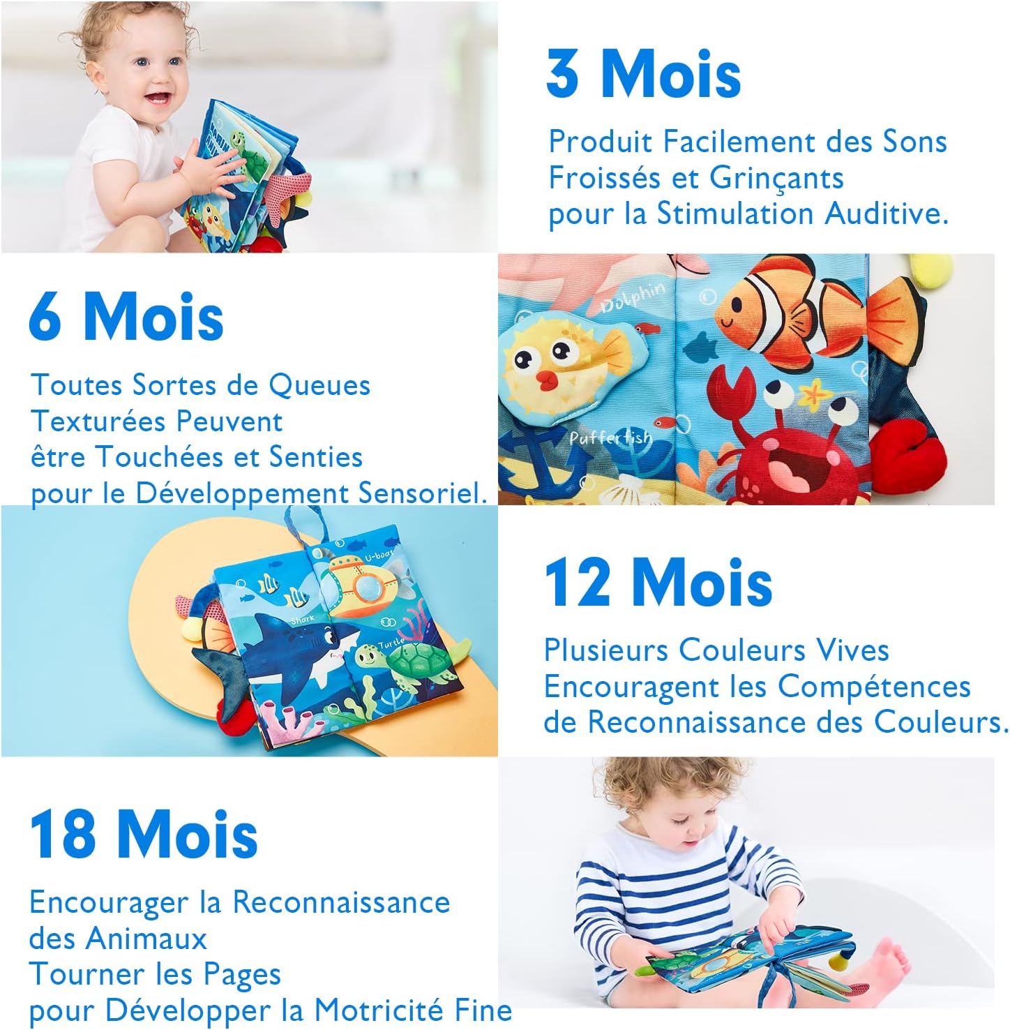 Livre Tissu Bébé Eveil 0 3 6 Mois Jouet Suspendre pour Bébé 1 an Livre Doux Froissé avec des Animaux de Mer Cadeau de Naissance pour Tout-Petit Garçon Fille