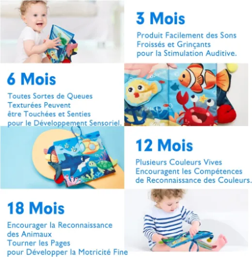 Livre Tissu Bébé Eveil 0 3 6 Mois Jouet Suspendre pour Bébé 1 an Livre Doux Froissé avec des Animaux de Mer Cadeau de Naissance pour Tout-Petit Garçon Fille