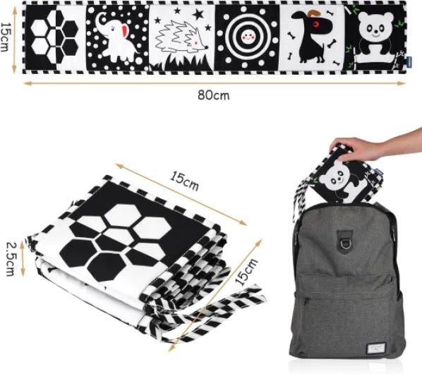 Vicloon Livre D'eveil Double Face en Tissu, Livre Tissu Bébé Livre Noir et Blanc Bébé Pliable Réutilisable, pour 6-12 Mois et Tout-Petits, Favorise développement Cerveau Bébés (Noir-A)