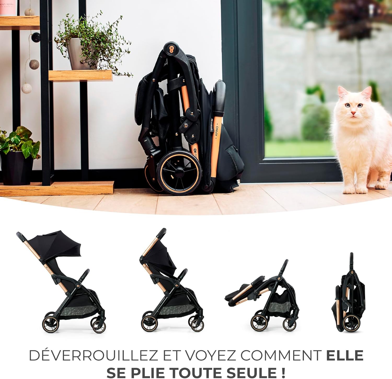 Kinderkraft APINO Poussette Légère, Ne Pèse Que 7,5 kg, Poussette De Voyage, Pliage automatique, AUTO FOLDING, Facile À Pince, Dossier Réglable En Position Allongée, poids maximum jusqu'à 24 kg, Beige