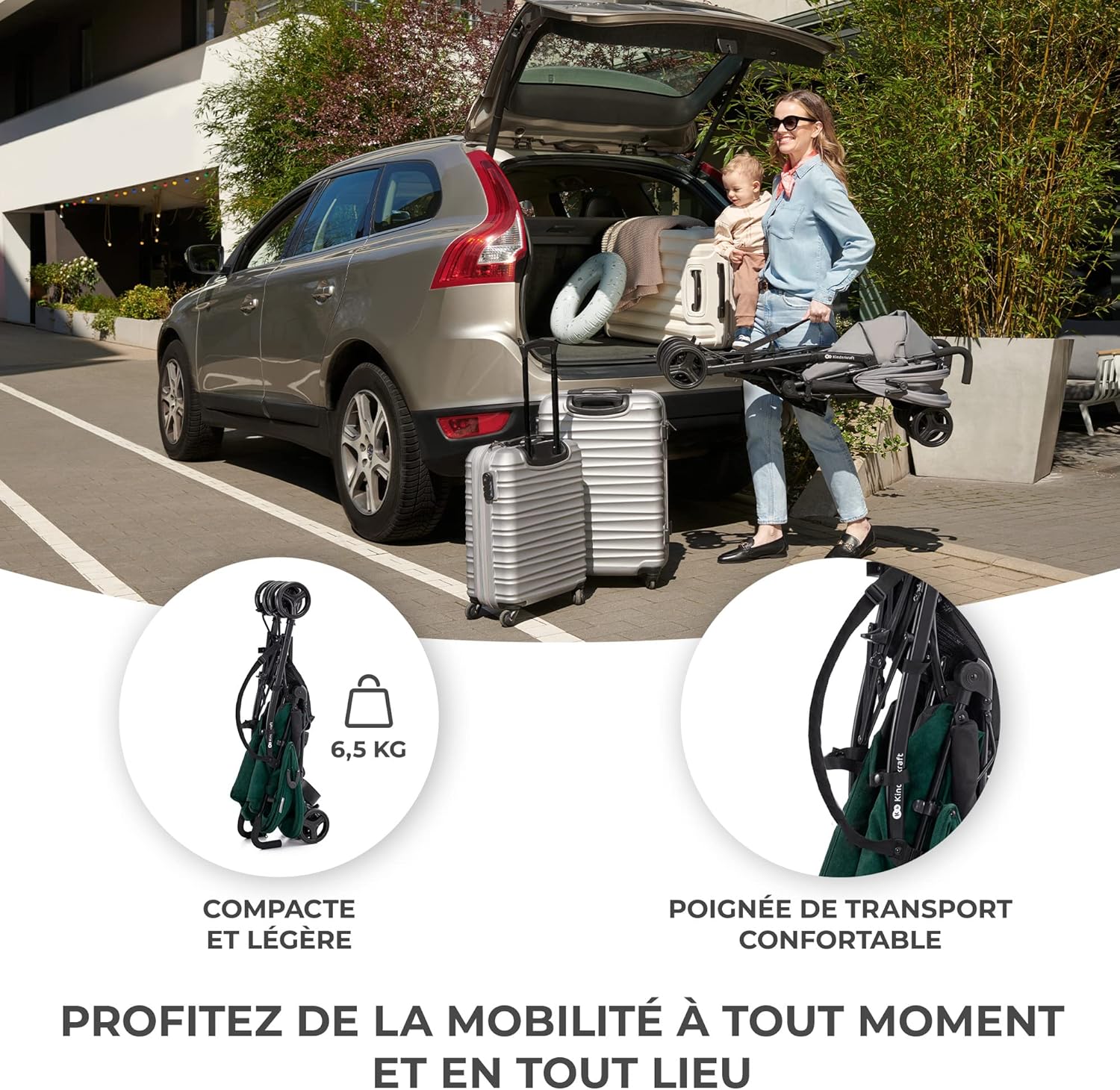 Kinderkraft TIK Poussette Légère, Ne Pèse Que 6,5 kg, Poussette De Voyage, Facile À Pince, Dossier Réglable En Position Allongée, De La 6 Mois, poids maximum jusqu'à 17kg, Vert Green