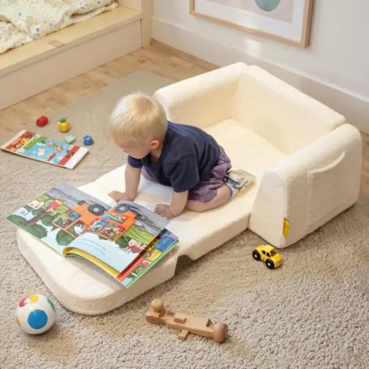Canapé-lit Enfant Convertible 2-en-1, Fauteuil et Lit Pliable pour Bébés, Fauteuil pour Enfants, Base Élargie Anti-Bascule, Housse Détachable Lavable, Cadeau pour Garçon Fille Beige Jaunâtre